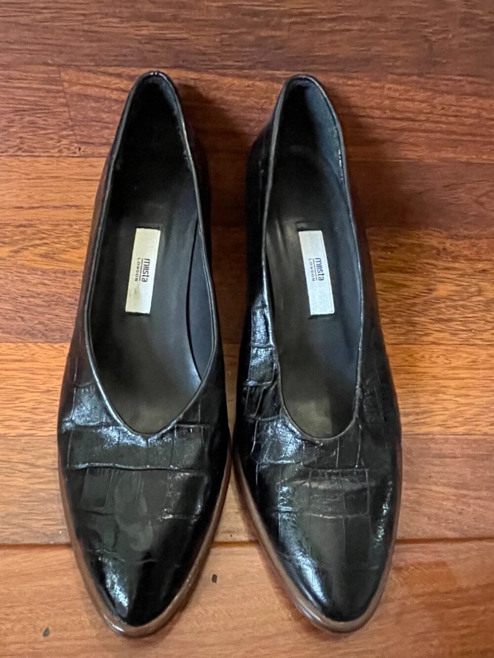 Miista Women's Black Leather Pumps Shoes Croc Embossed Block Heels EU39/US 8.5